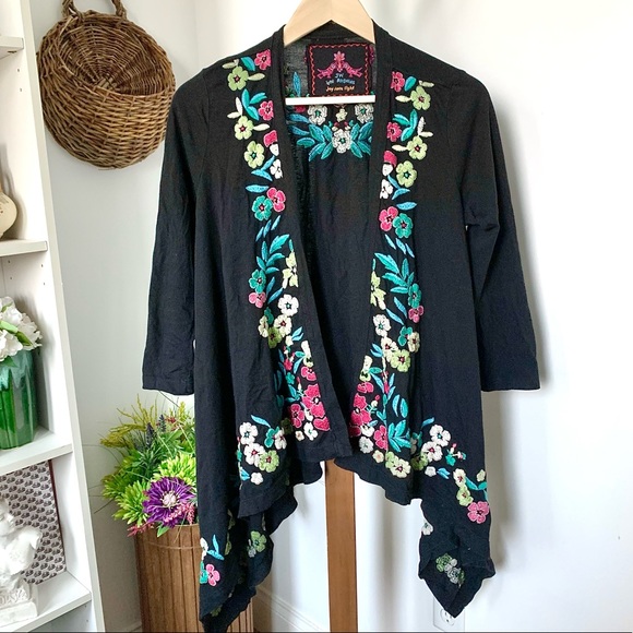 Johnny Was Sweaters - Johnny Was Embroidered Open Swing Cardigan Wrap black XS Small